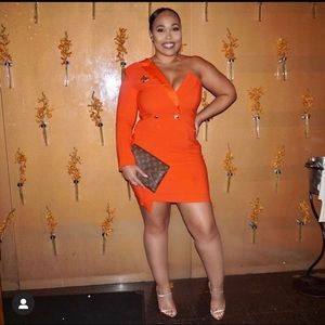 One Sleeved Orange Crepe Tuxedo Blazer Dress